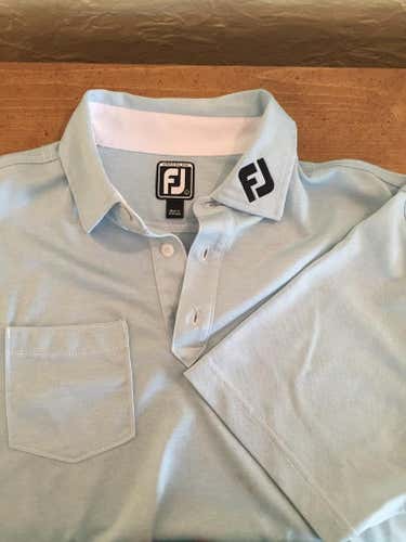 FootJoy Pro Tour Shirt, logo on neck.  Large. Light blue with small stripes.
