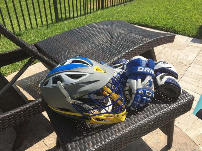 Cascade R matte helmet, yellow chin, blue mask, white chin strap.  Brine King V gloves - size 12....