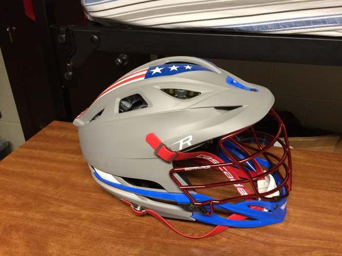 USA themed cascade R helmet matte grey red face mask blue chin