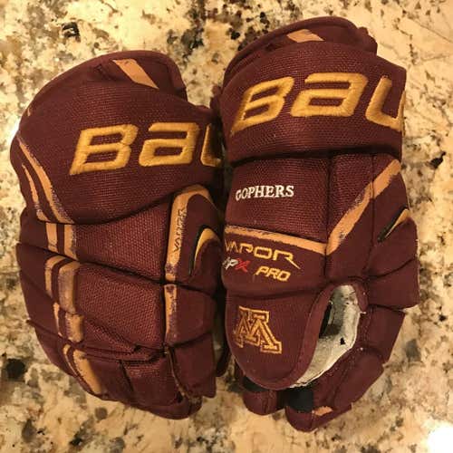 Game Worn Minnesota Gophers 14" Bauer APX Pro Stock Hockey Gloves NCAA Maroon