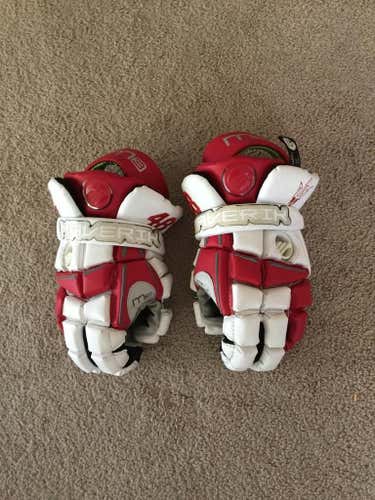 Red and white Palos Verdes lacrosse gloves