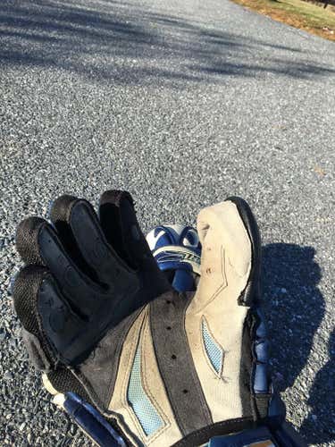 Blue, white, and silver superfreak 2 lacrosse goalie gloves