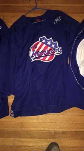 Rochester Americans AHL Blue SP Practice Jersey + Fight Strap + AHL Logo Player Cut 56
