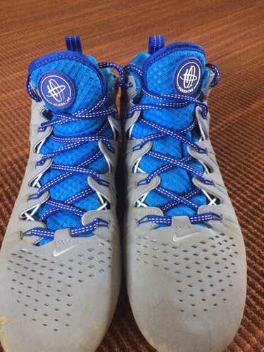 Blue and gray Nike huaraches with chrome blue bottom