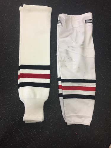 Pro stock Chicago black hawks socks both game worn! Both size lrgw need worn one game each pair!