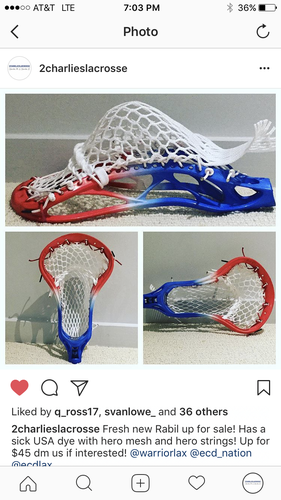 Warrior Rabil 1 strung with Hero mesh dyed with a red to white to blue fade