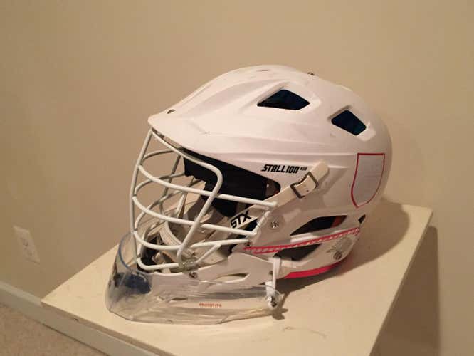 Cornell white STX Stallion goalie helmet with white facemask