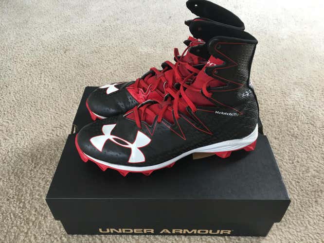 Under Armor Highlight red & black hightop football cleats (used)