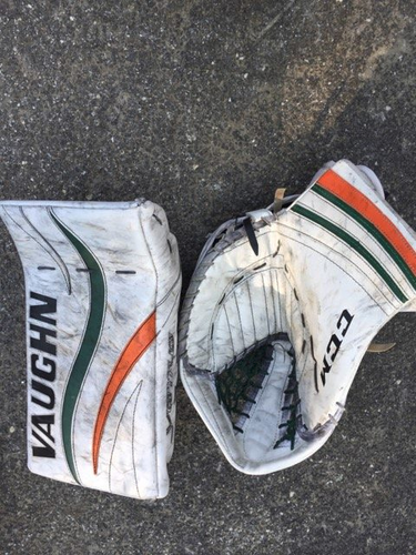 Pro Stock CCM Extreme Flex Pro Glove and Vaughn Ventus Blocker White Orange Green