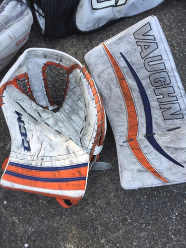 Pro Stock CCM Extreme Flex Pro Glove and Vaughn V6 2000 Blocker Practice Palm White Orange Green