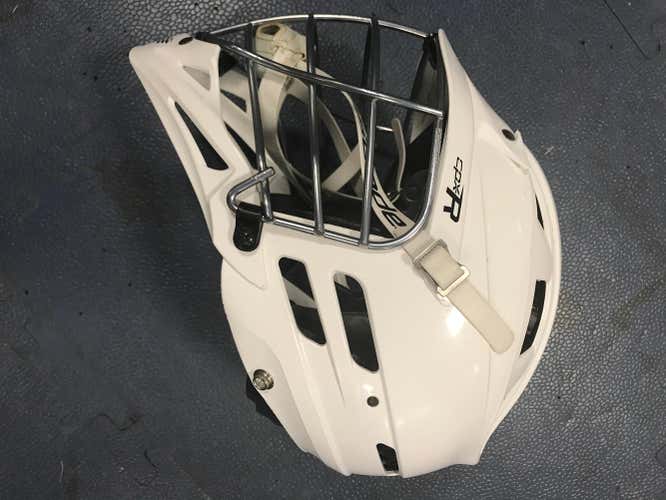 White helmet, Silver cage, White chin strap