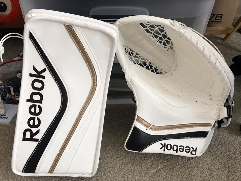 New Pro Stock Reebok XLT Goalie Glove & Blocker, Canadian made. White/Black/Antique Gold Penguins