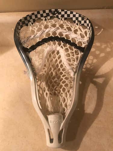 STX White AV8 Strung lacrosse head, dyed with Green and White checked pattern