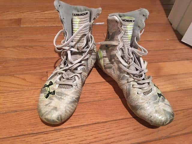 Under Armour Highlight White 6.5 with lime green bottoms and black lime logo on shoe