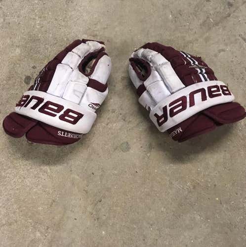 White/Maroon Bauer UMass Amherst Gloves 14"