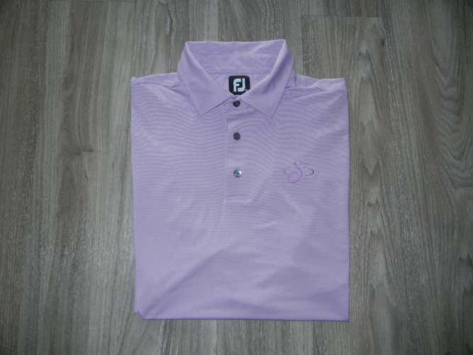 FootJoy Mens Golf Polo Sz XL Purple/White Striped Golf Course Logo on Chest