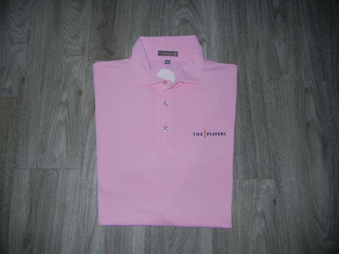 Peter Millar Summer Comfort Mens Golf Polo Sz Large Pink "The Players" Logo on Chest