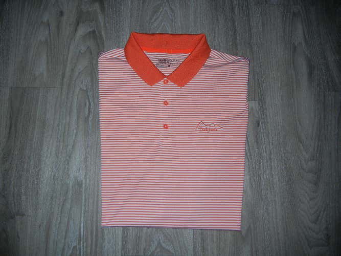 Nike Golf Mens Polo Shirt Sz L Orange/White Striped Golf Course Logo on Chest Standard Fit