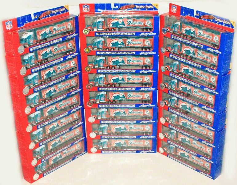 24 PCS - CASE - MIAMI DOLPHINS NFL FOOTBALL 1:80 DIECAST TRUCK TRAILER TOY  VEHICLE 2005