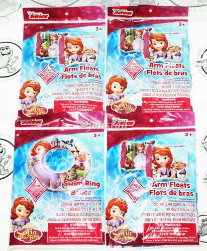 4 PACK LOT - SOFIA THE FIRST DISNEY JUNIOR SWIM RING & THREE ARM FLOATS FOR POOL