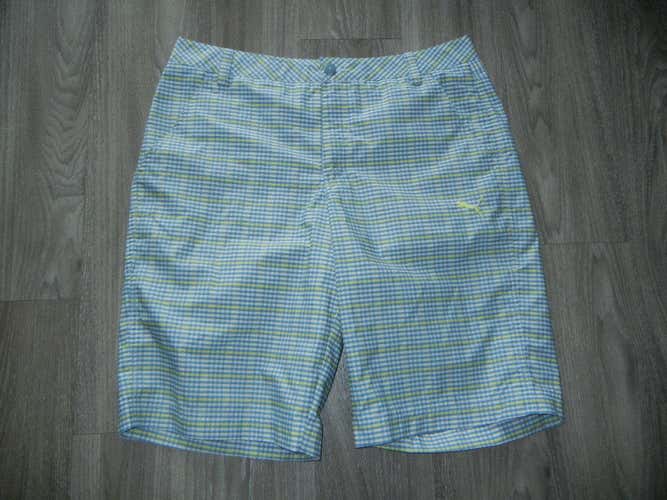 Puma "Rickie Fowler" Mens Golf Shorts Sz W34 Gray/White/Yellow Plaid Fast Ship!