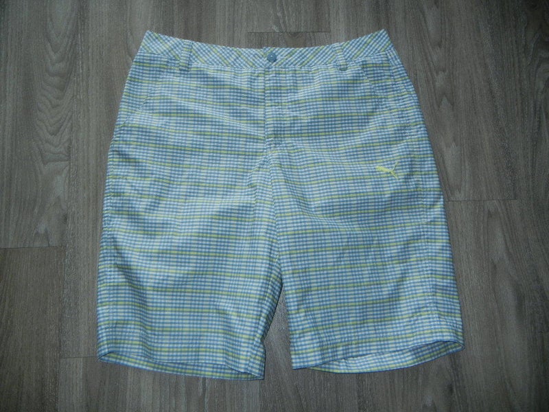 Puma "Rickie Fowler" Mens Golf Shorts Sz W34 Gray/White/Yellow Plaid Fast Ship!