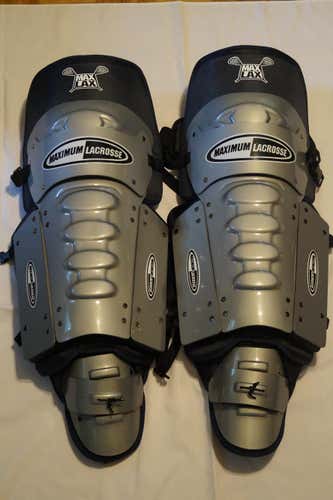 "New"  Adult 20' Cat#3 Silver with Blue Box Lacrosse Goalie Leg Guards