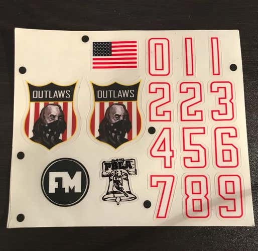 2 Sheets - Philadelphia Outlaws Box Lacrosse Club Helmet Sticker Sheet 2018