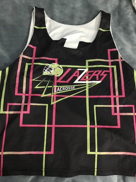 Lasers Lacrosse black pinnie with neon pink and green stripes