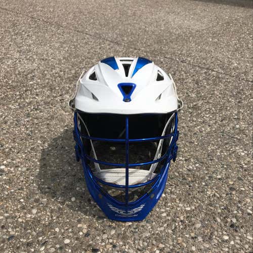 IMG Academy Lacrosse Helmet - White/Blue Chrome Cage