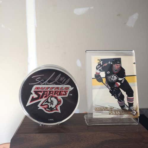 Miroslav Satan AUTOGRAPHED Puck And Trading Card Display