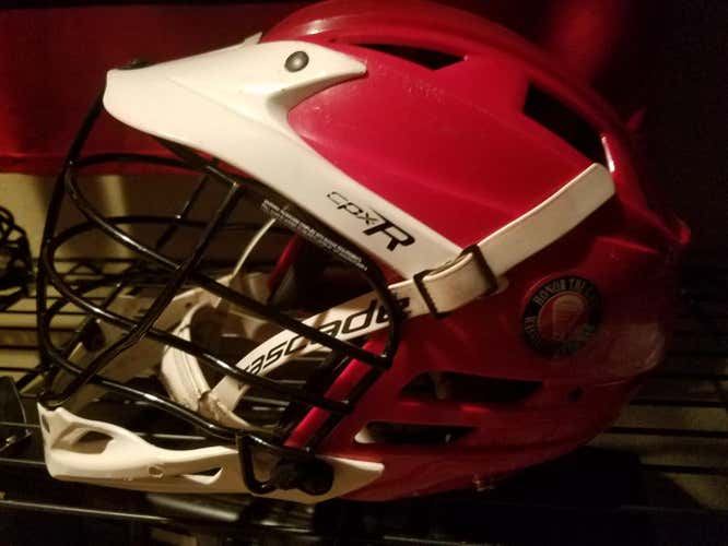 Red and White CPXR Cascade helmet & Silverfin pinney lacrosse lax gear!