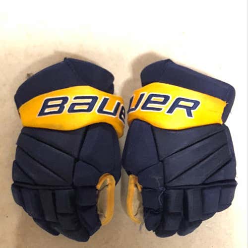 Size 13 Dark Blue And Gold Bauer Gloves.  With Valley Jr. Warrior Logo.Still In Very Good Shape.