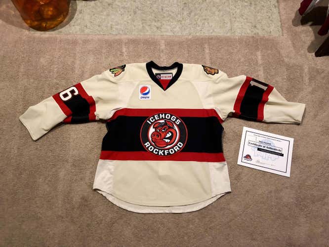 Rockford IceHogs Sam Carrick Cream Alternate AHL Reebok Game Worn Jersey 2016-17