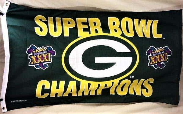 VINTAGE 1996 GREEN BAY PACKERS NFL FOOTBALL SUPER BOWL XXXI CHAMPIONS GRAPHIC FLAG