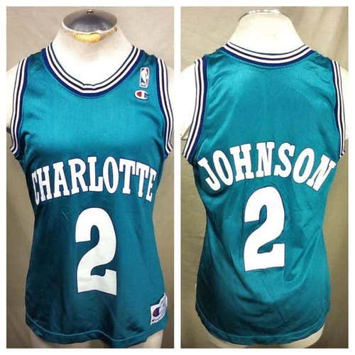 VINTAGE CHAMPION CHARLOTTE HORNETS (40/SMALL) LARRY JOHNSON #2 GRAPHIC NBA BASKETBALL JERSEY