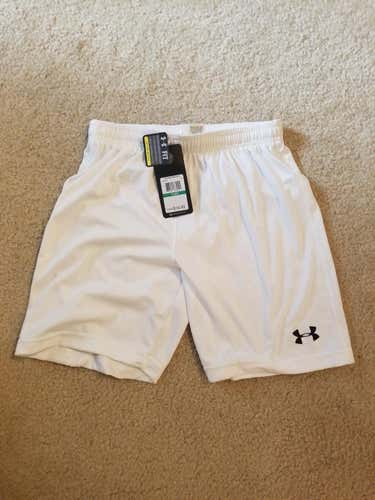 New White UA Soccer Shorts (YLarge)