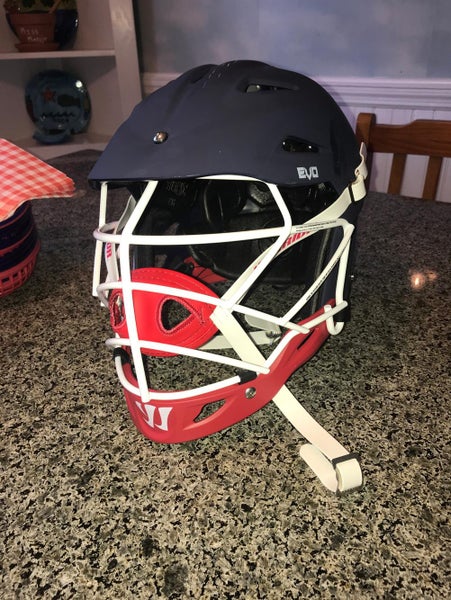 L/XL Evo Matte Navy Helmet With White Face mask And Red Chin. Used Once
