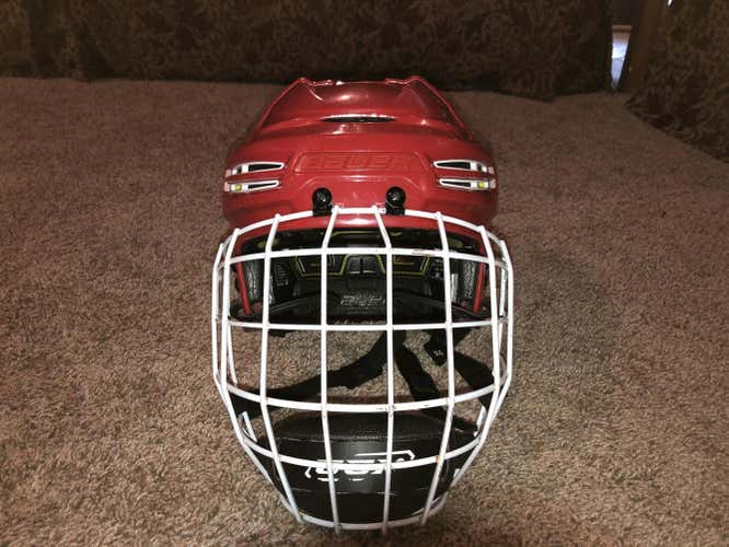 New Red and White Bauer Re-Akt 100 Helmet with White Cage