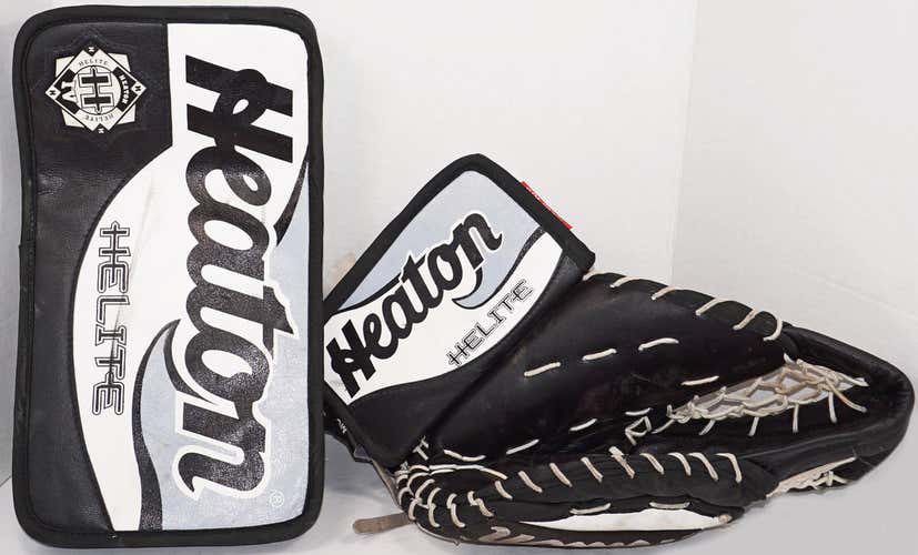2 LOT SET - HEATON 4600 GOAL GLOVE MEDIUM + SR GOALIE BLOCKER ICE HOCKEY USED