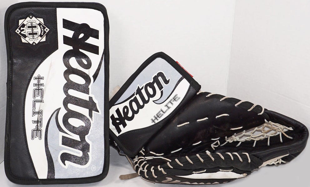 2 LOT SET - HEATON 4600 GOAL GLOVE MEDIUM + SR GOALIE BLOCKER ICE HOCKEY USED