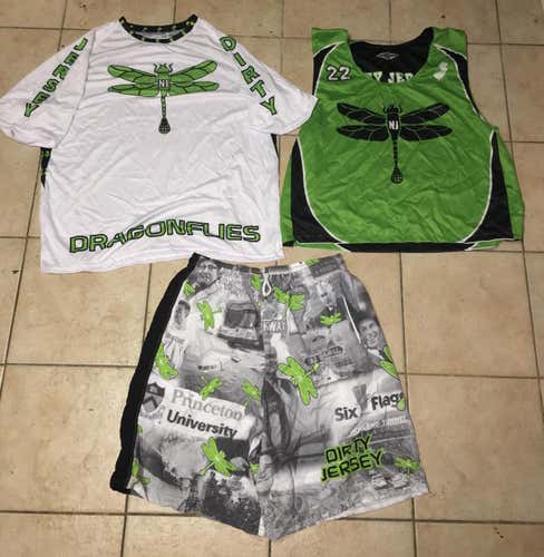 New NJ Dirty Jersey Dragonflies Lacrosse Warmup Shooter + Pinnie + Shorts Uniform Size XL New Jersey