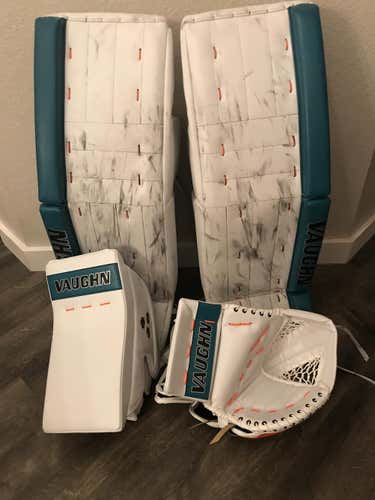 Martin Jones Pro Stock Game worn Vaughn pads and brand new game issued v4 glove and Ve8 Blocker