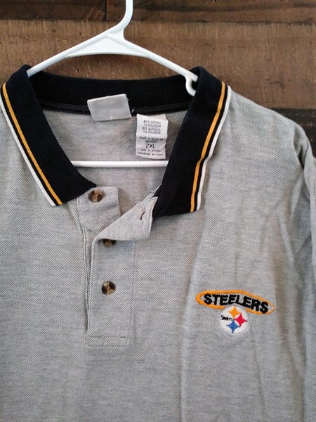 NFL Football PITTSBURGH STEELERS Grey Black Embroidered Polo Shirt