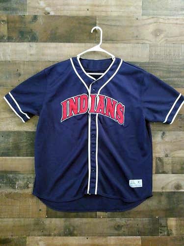 MLB Baseball CLEVELAND INDIANS Navy Blue Red Embroidered Button Jersey