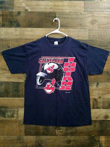 Vintage 1990s Logo 7 MLB Baseball CLEVELAND INDIANS Chief Wahoo Navy Blue Red Team Shirt