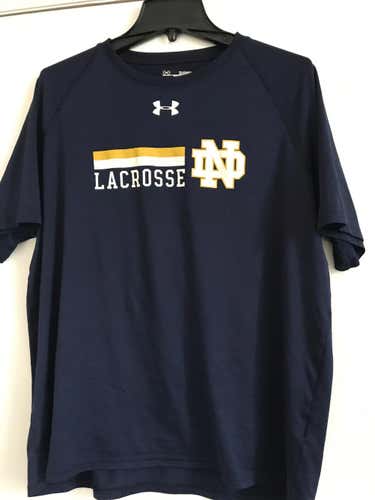 Notre Dame Team Issued Under Armour Navy T-shirt, Headgear, #54 on back