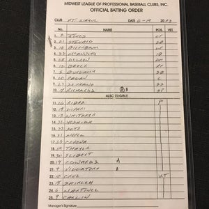 6-19-2003 Fort Wayne Wizards (Tin Caps) MiLB Game Used Batting Order Lineup Midwest League