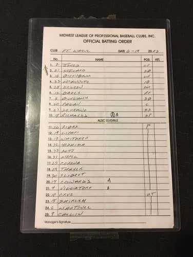 6-19-2003 Fort Wayne Wizards (Tin Caps) MiLB Game Used Batting Order Lineup Midwest League