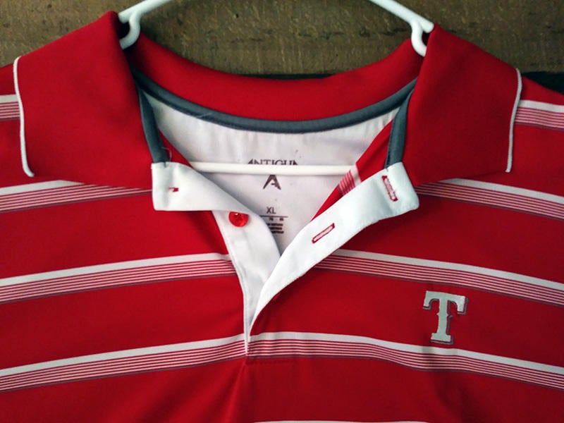 MLB Baseball TEXAS RANGERS Red White Striped Embroidered Polyester Polo  Shirt